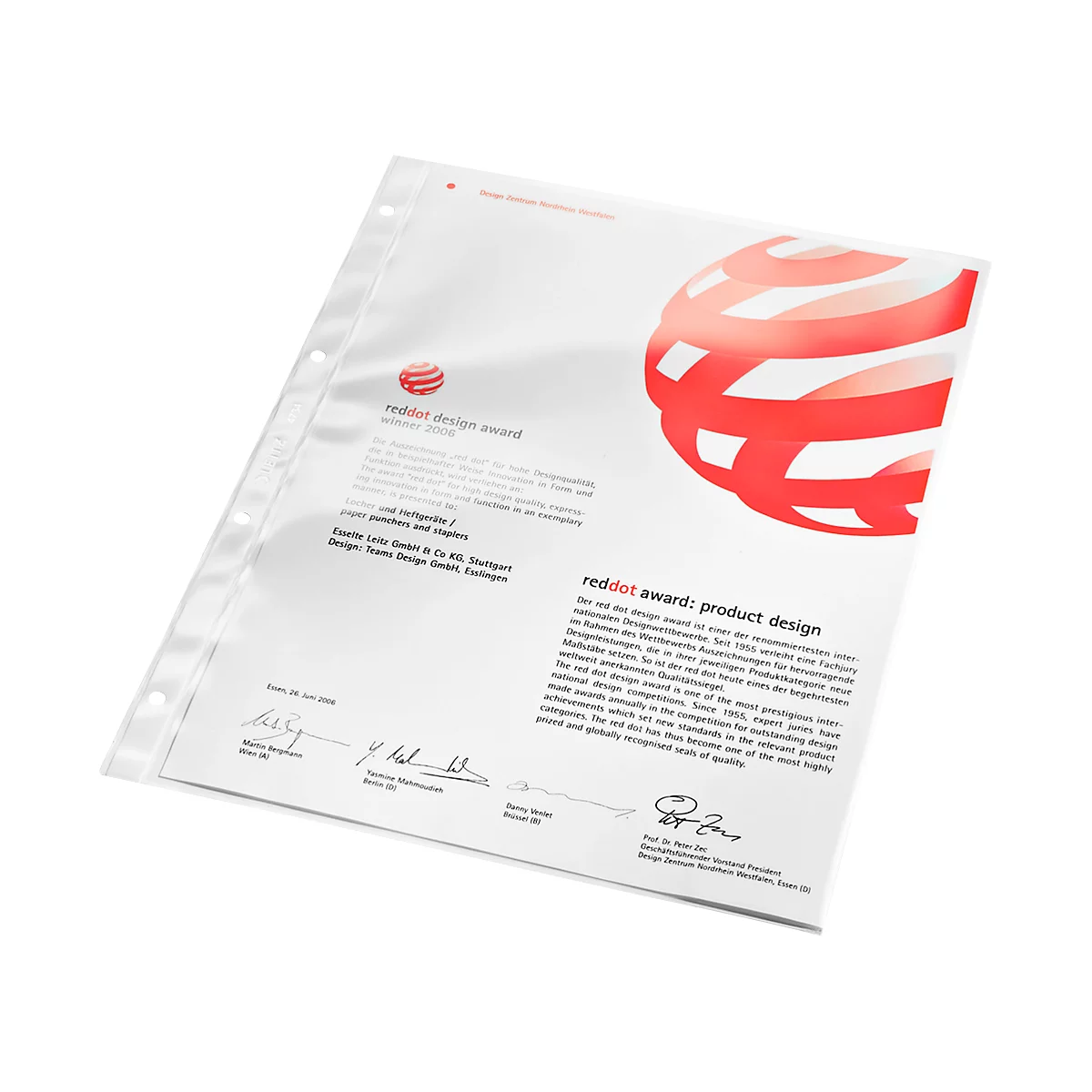 Red Dot Award certificate in foil, red logo, text and signatures.