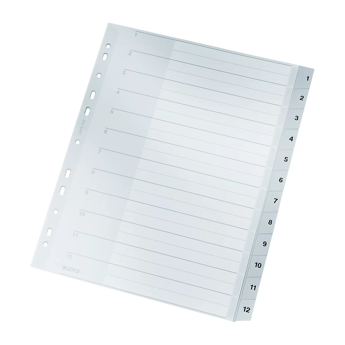 Transparent, punched document dividers with 12 numbered tabs. Lines mark the page divisions.