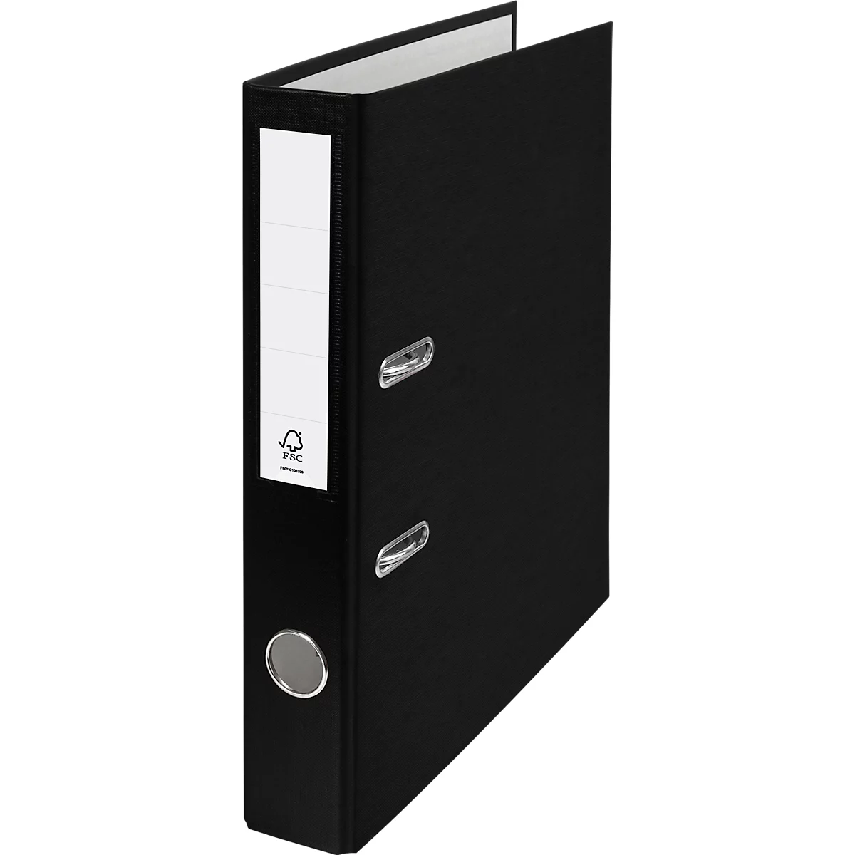 Black ring binder with white spine and fiber certificate.