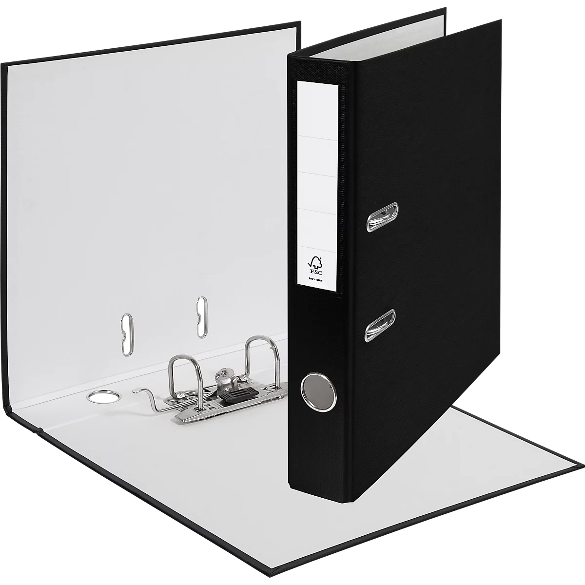 A black file folder, opened, showing the inside with metal clips and a white label with text.
