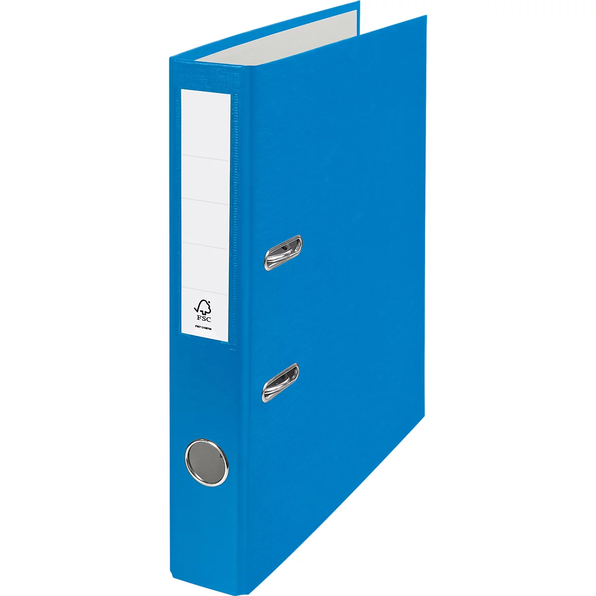 Blue binder with a white label and paper. The binder is slightly open, with the FSC logo.