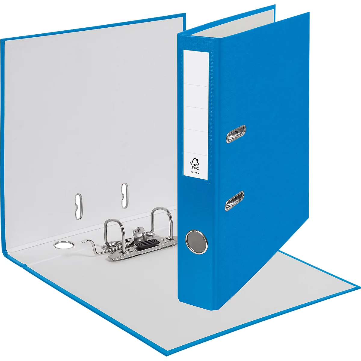 Blue binder with white label, opened. White inside, metal mechanism. FSC symbol.