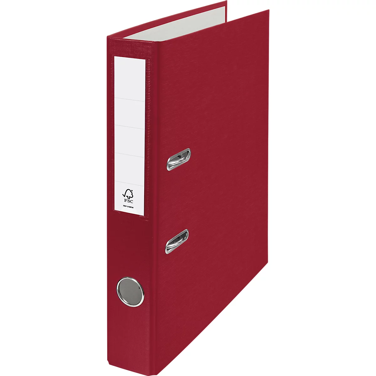 Red file folder with white label and FSC mark.