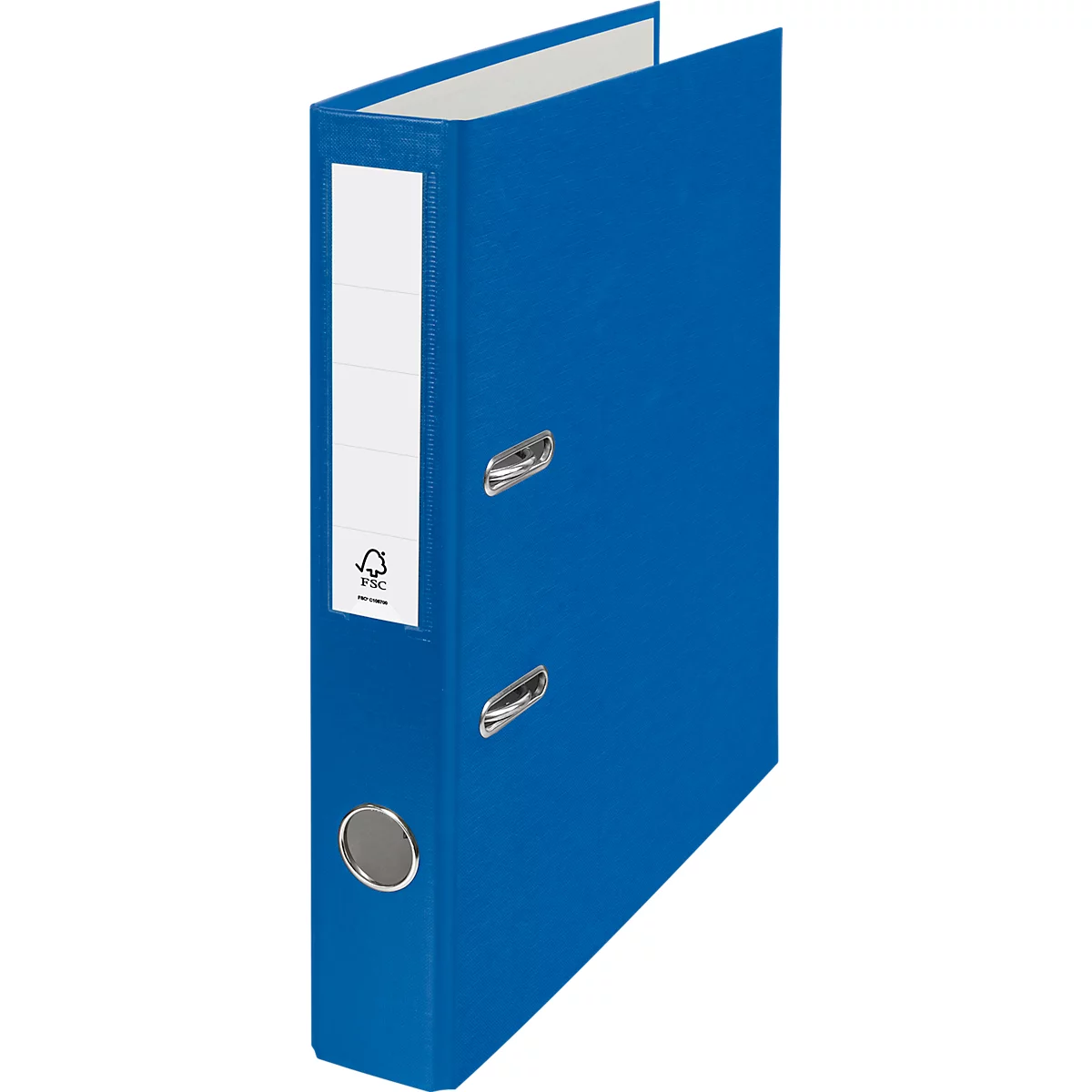 Blue binder, with white label and silver levers, stands upright.