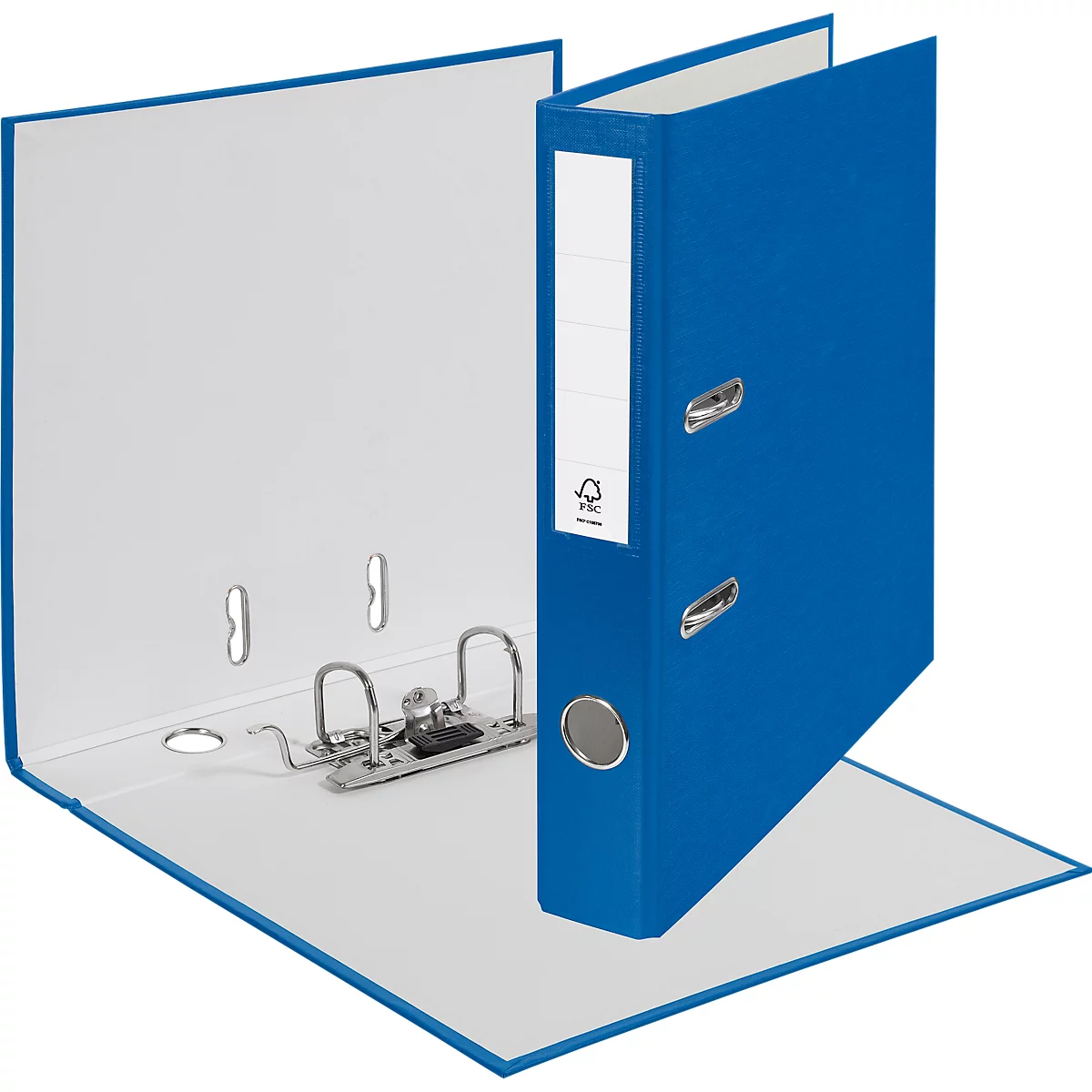 Blue file folder, open, with white interior. There is a white label on the spine. The folder is slightly open.