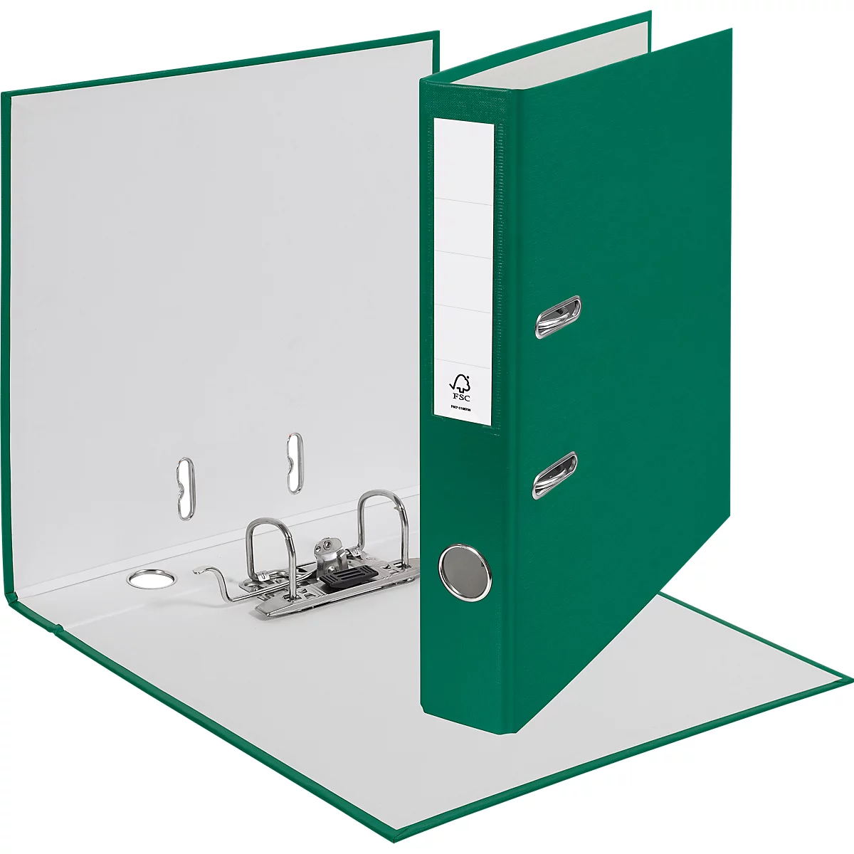 Open green binder with white interior and metal mechanism. White label on the side.