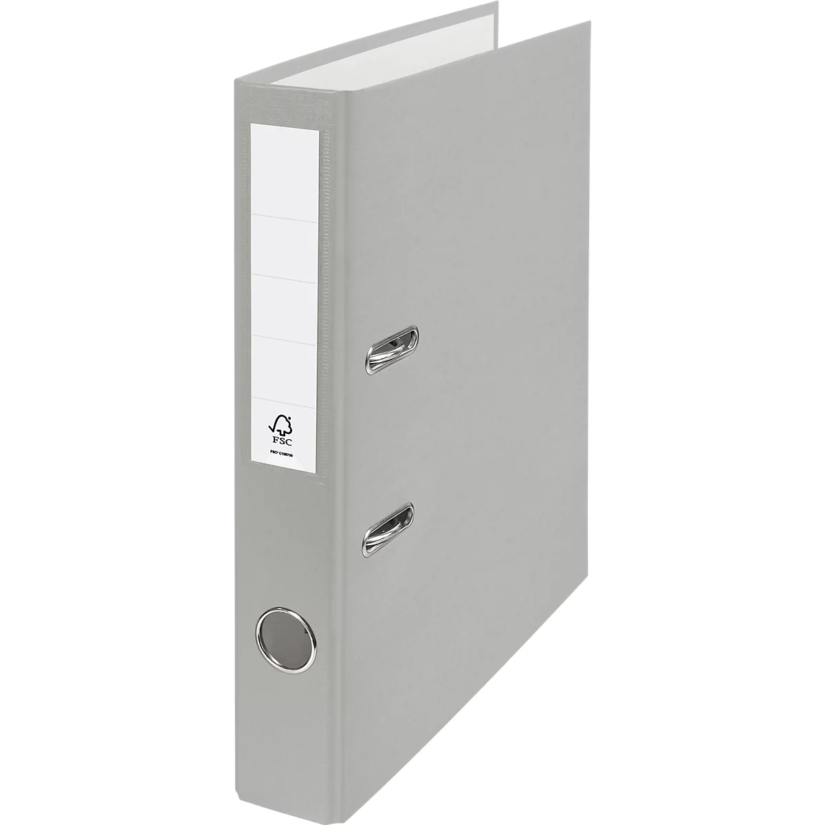 Grey file folder with white label. Metal rings and Fsc logo.