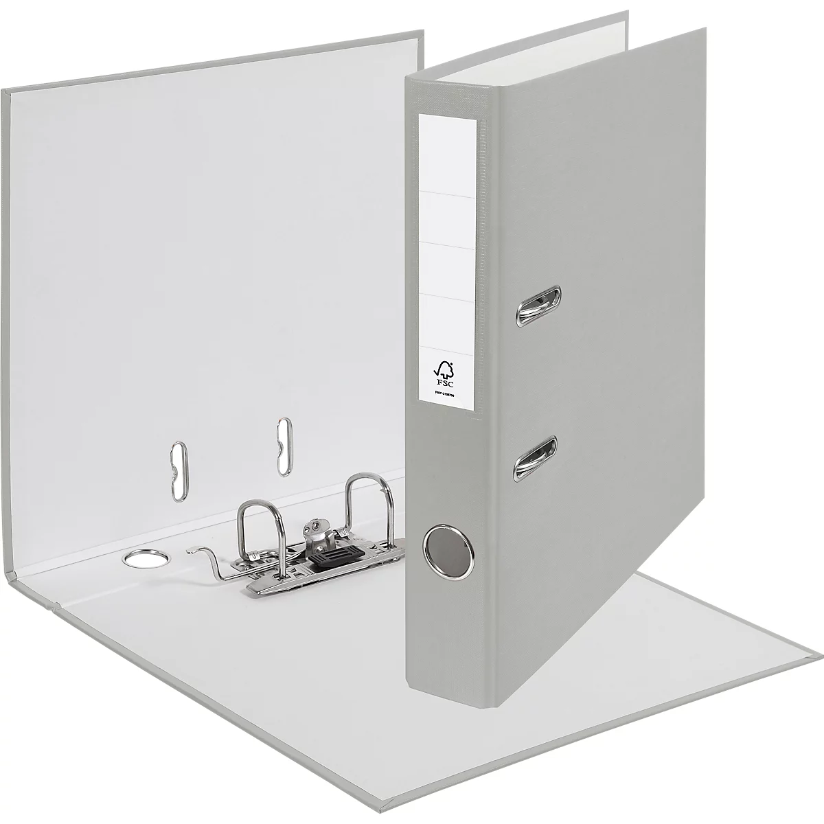 Gray binder with open lid. There is a white label on the lid. The binder is in front of a white background.