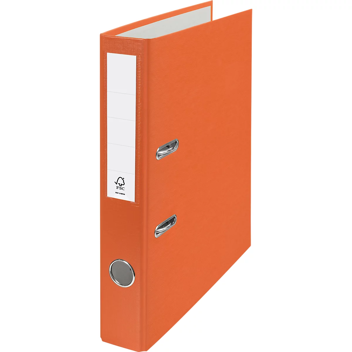 An orange ring binder with a white label and metal rings.