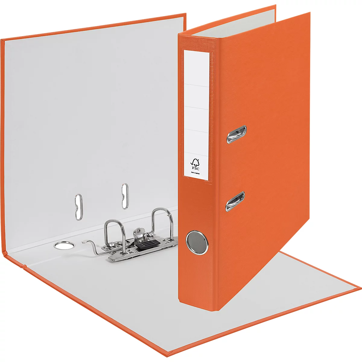 An open, orange binder, partially open. A white label and an FSC seal are visible on the spine.