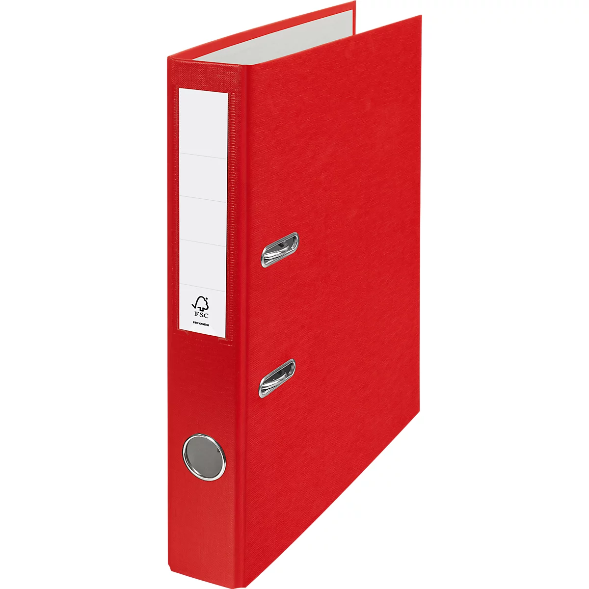 Red file folder, upright. White label with lines on the spine. Fsc logo.