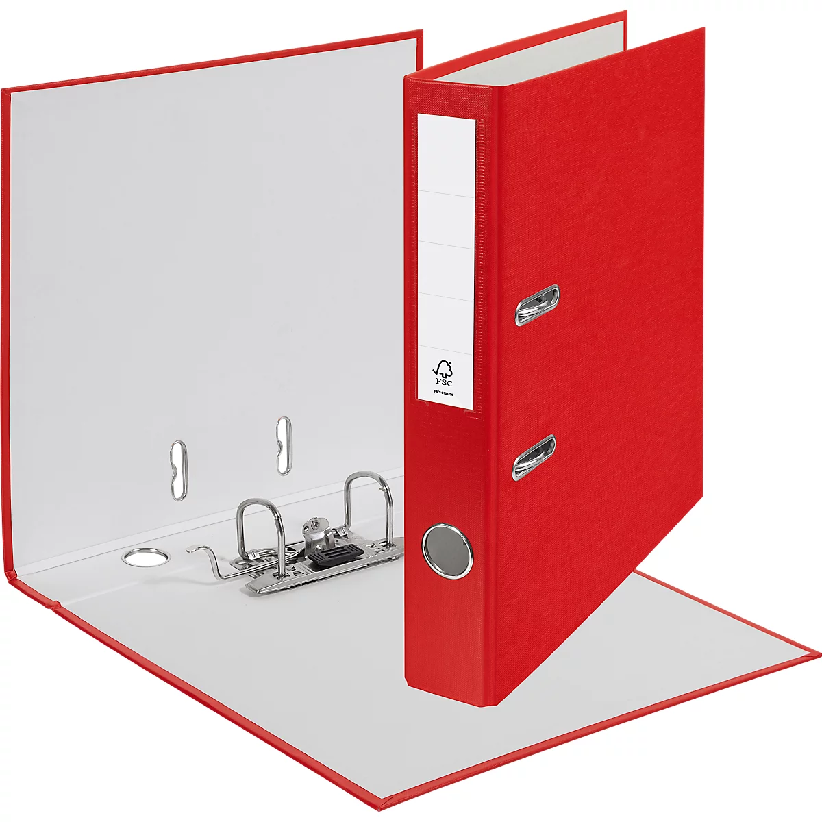 Red file folder, open. The spine shows a white label field. The paper in the folder is white.