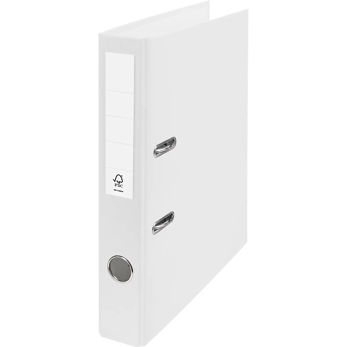 White binder with metal clasps, label and FSC logo.