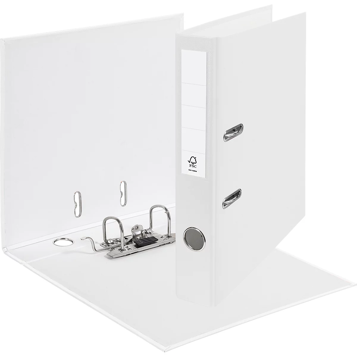 White binder, opened. Metal mechanism and label. FSC mark is indicated.