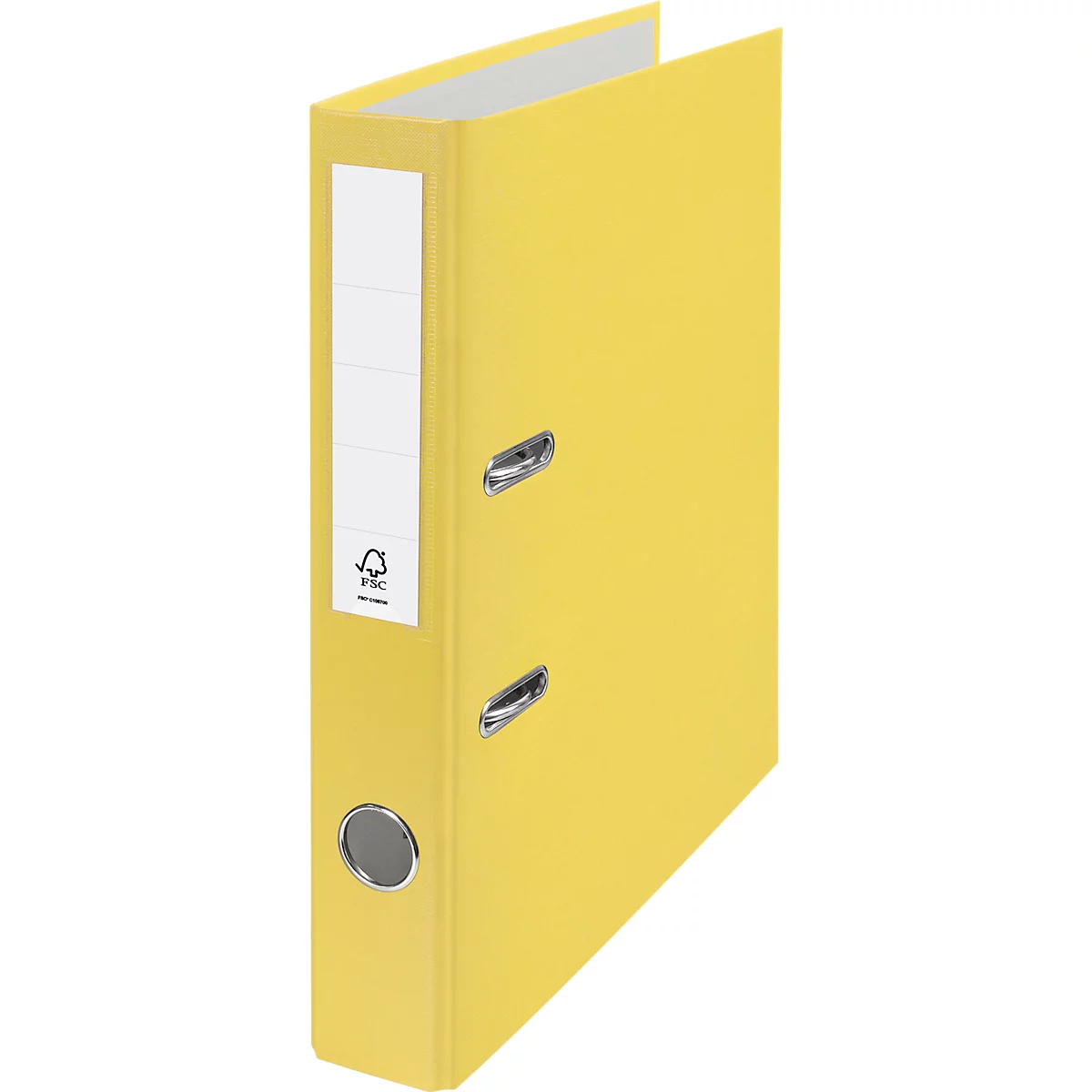 Yellow binder with white label, metal fittings, and FSC logo. The inside pages are white.