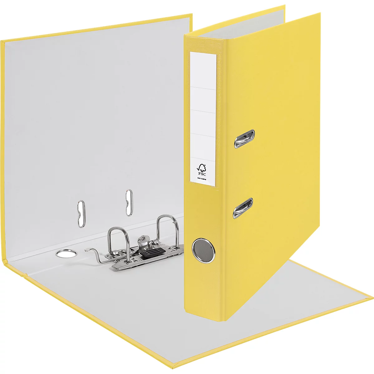 Yellow file folder, open. The inside of the left side is white, the right side stands upright. Metal mechanism.