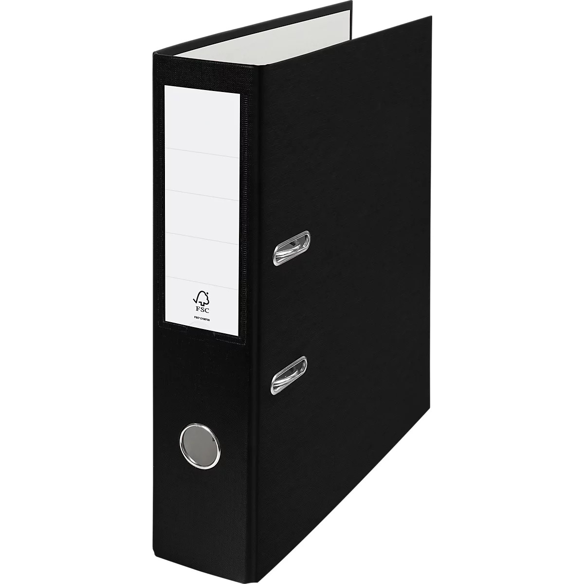 Black file folder, open. A white label on the spine marked with the FSC logo.