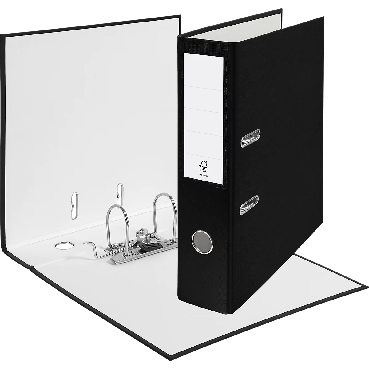 Black open binder on white background. White inside, black outside with white label.
