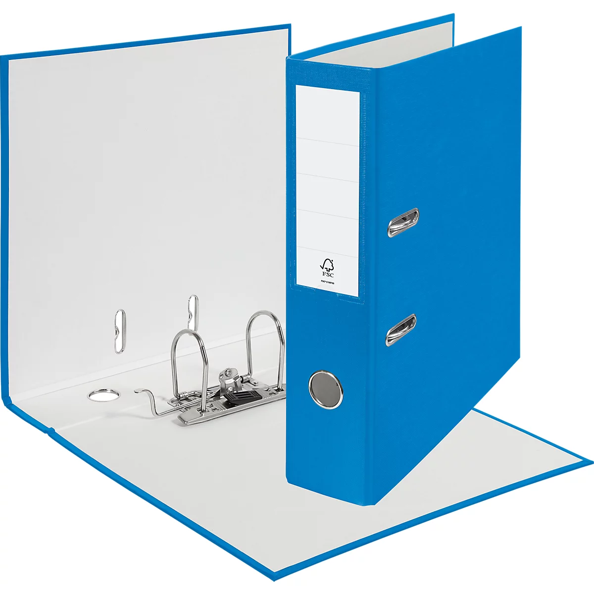 Blue binder, open. A white label and an FSC logo on the spine.