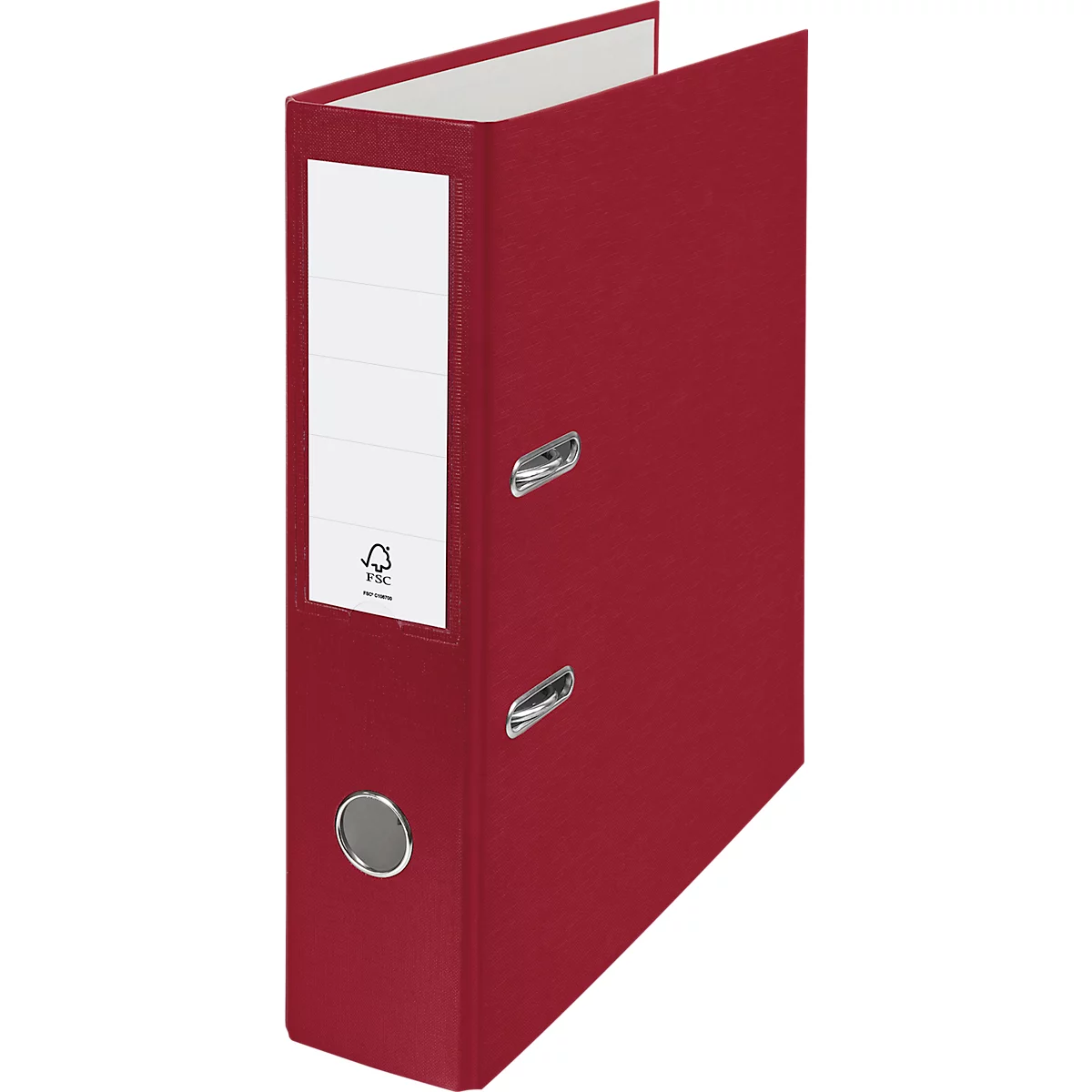 Red file folder with white label, metal rings and the FSC logo.