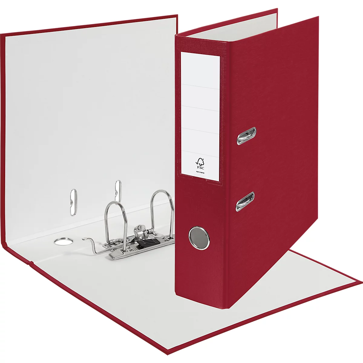 An open, red binder with white interior, metal mechanism, and label field.