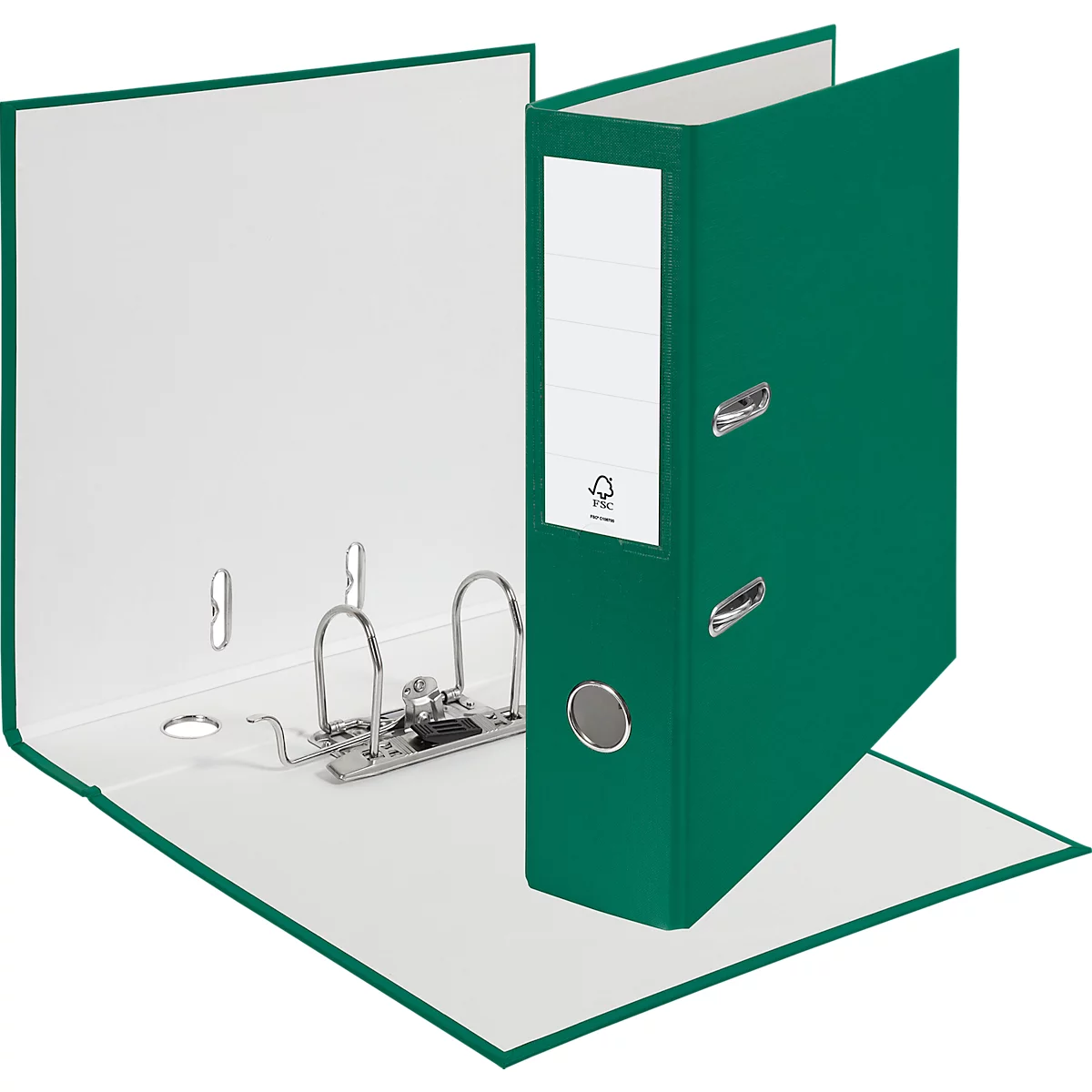 A green file folder, opened, with white interior and silver levers. The paper label is white.