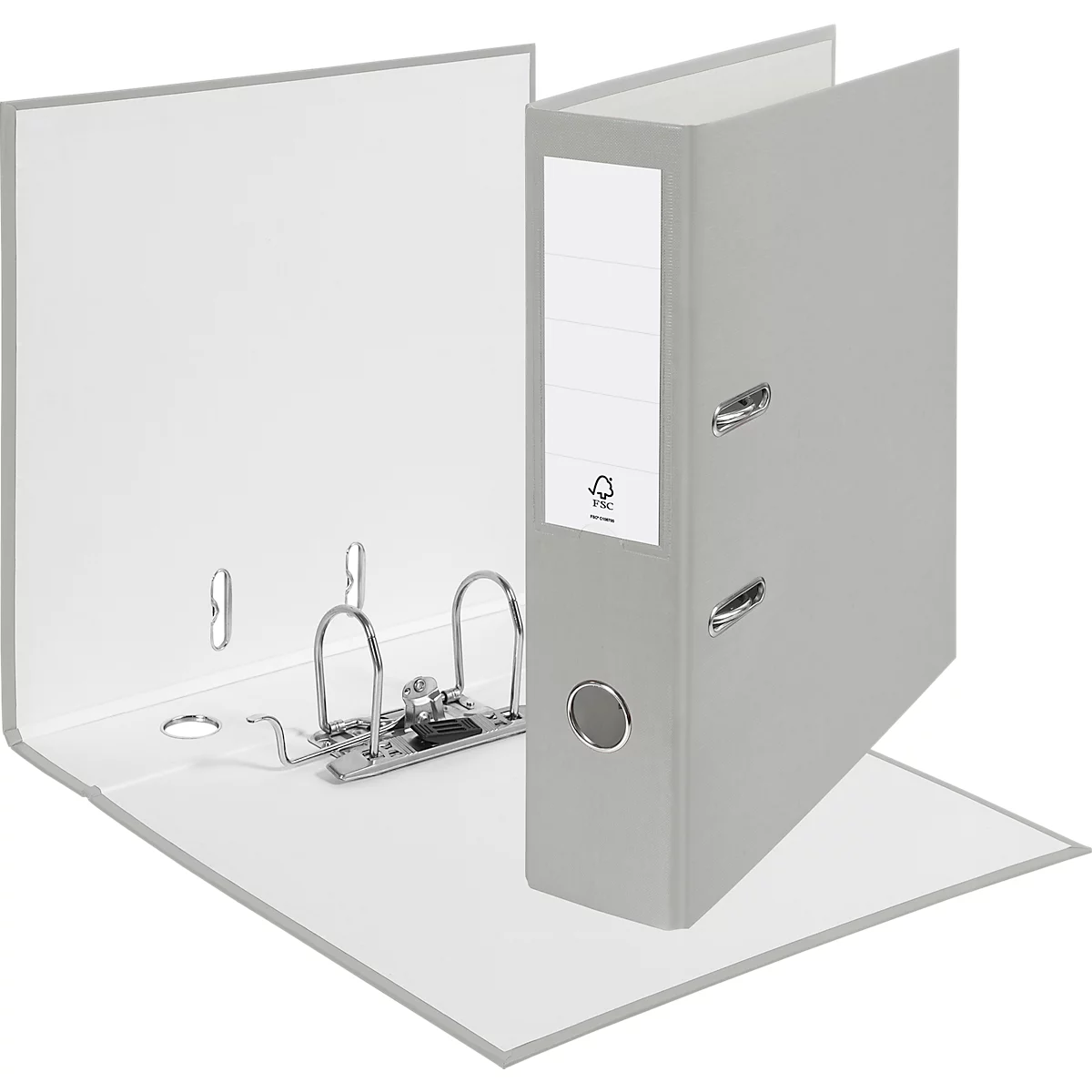 Grey binder, open, with blank label, open mechanism and FSC logo.