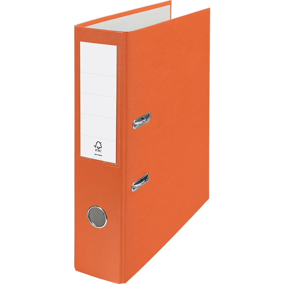 An orange file folder with a white label, silver rings, and an FSC logo.