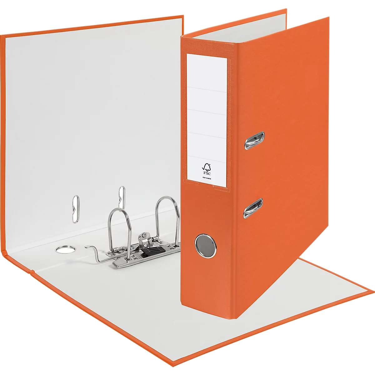 Open orange binder. White inner pages. A label is on the spine.