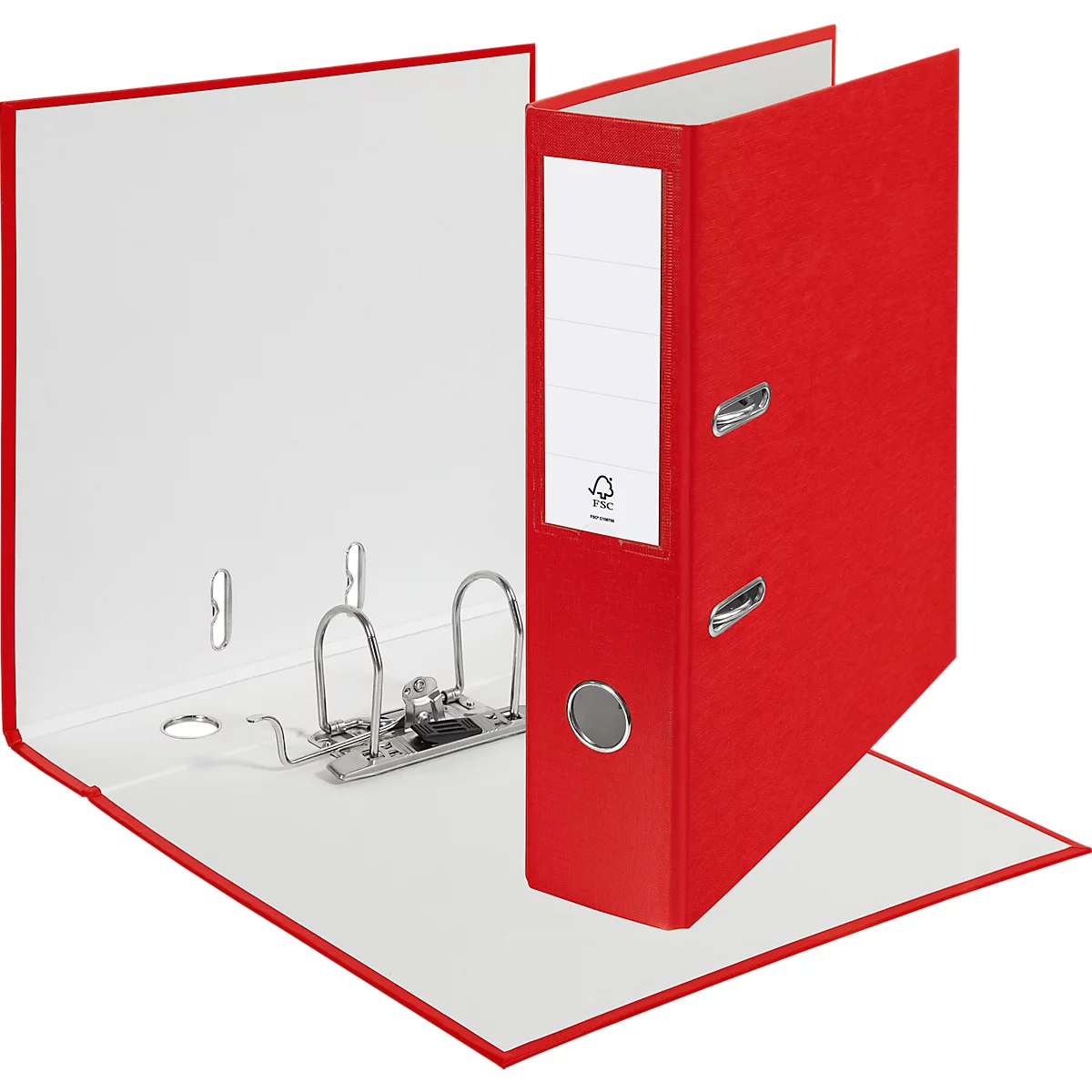 Red file folder, shown open, with white interior and metal lever mechanism.
