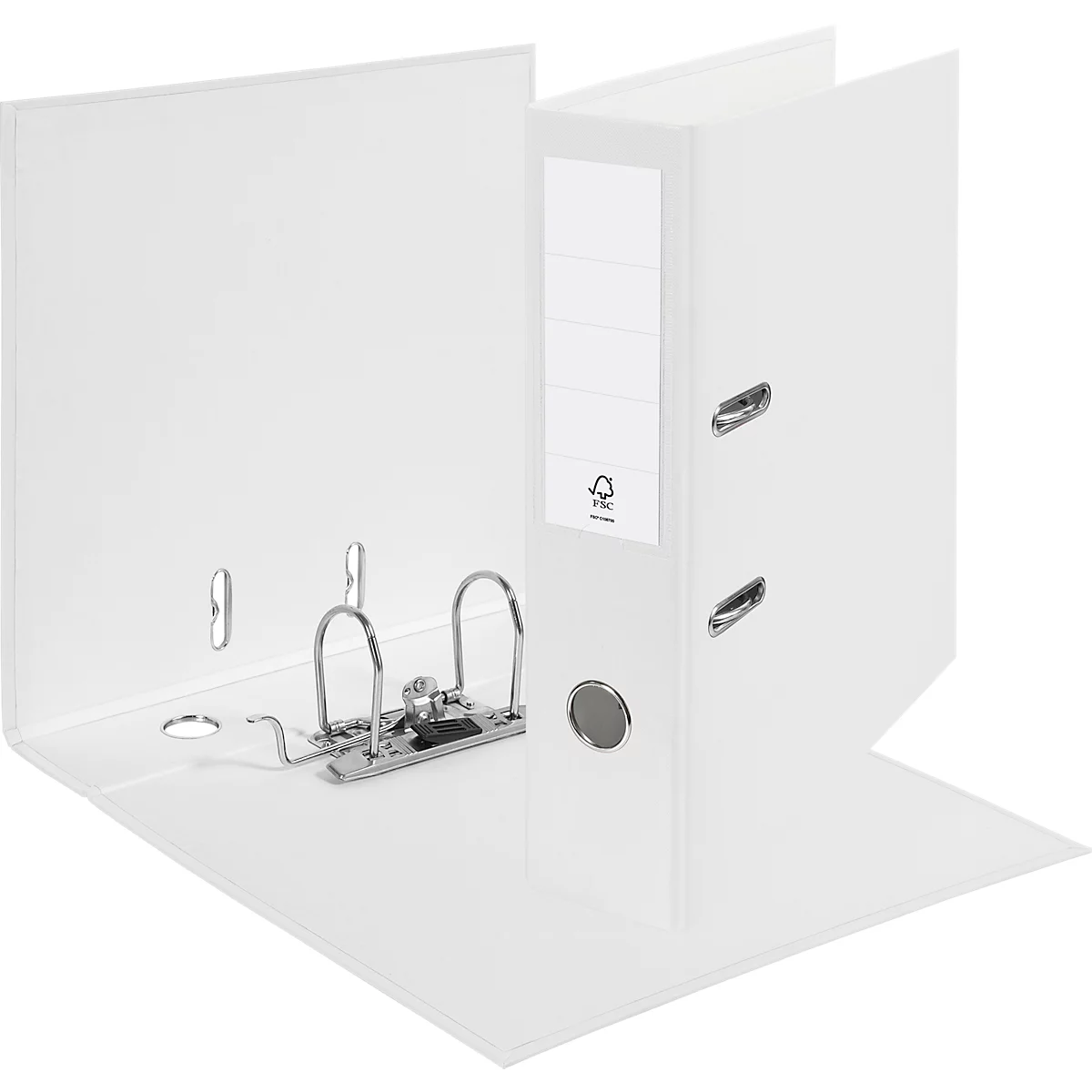 Opened white binder with metal lever arch mechanism and label field, paper seal.