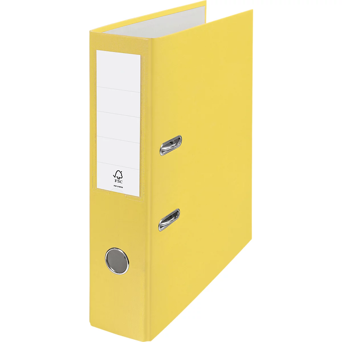 Yellow file folder standing upright. With a white label, silver levers, and FSC seal.