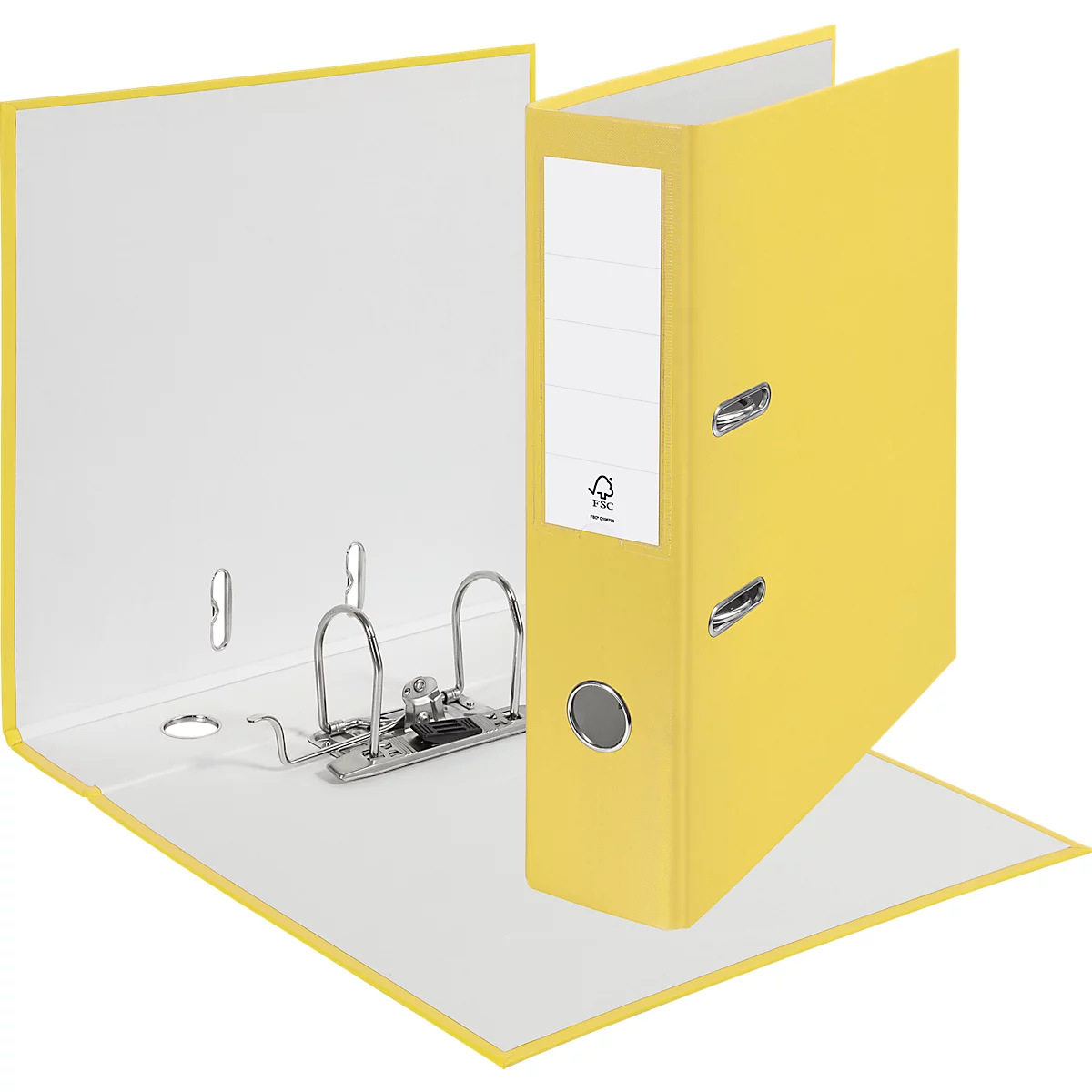 Yellow file folder, opened with white interior and silver lever mechanism. On the outside, a white label and an FSC seal.