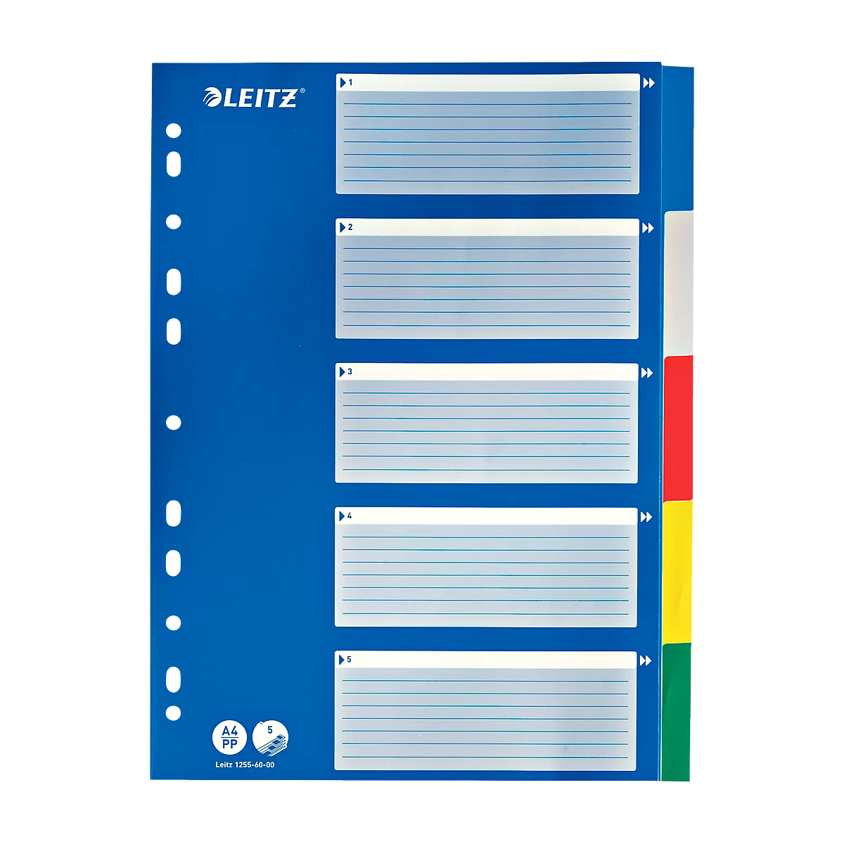 Blue Leitz index folder with 5 transparent, writable tabs and colored dividers.