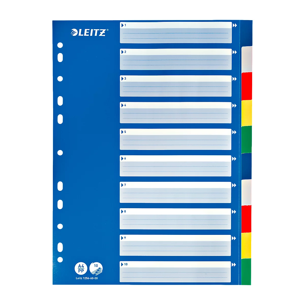 Blue Leitz index card set with 10 white labelable tabs. Each tab is numbered. The A4 format and PP quality are indicated.