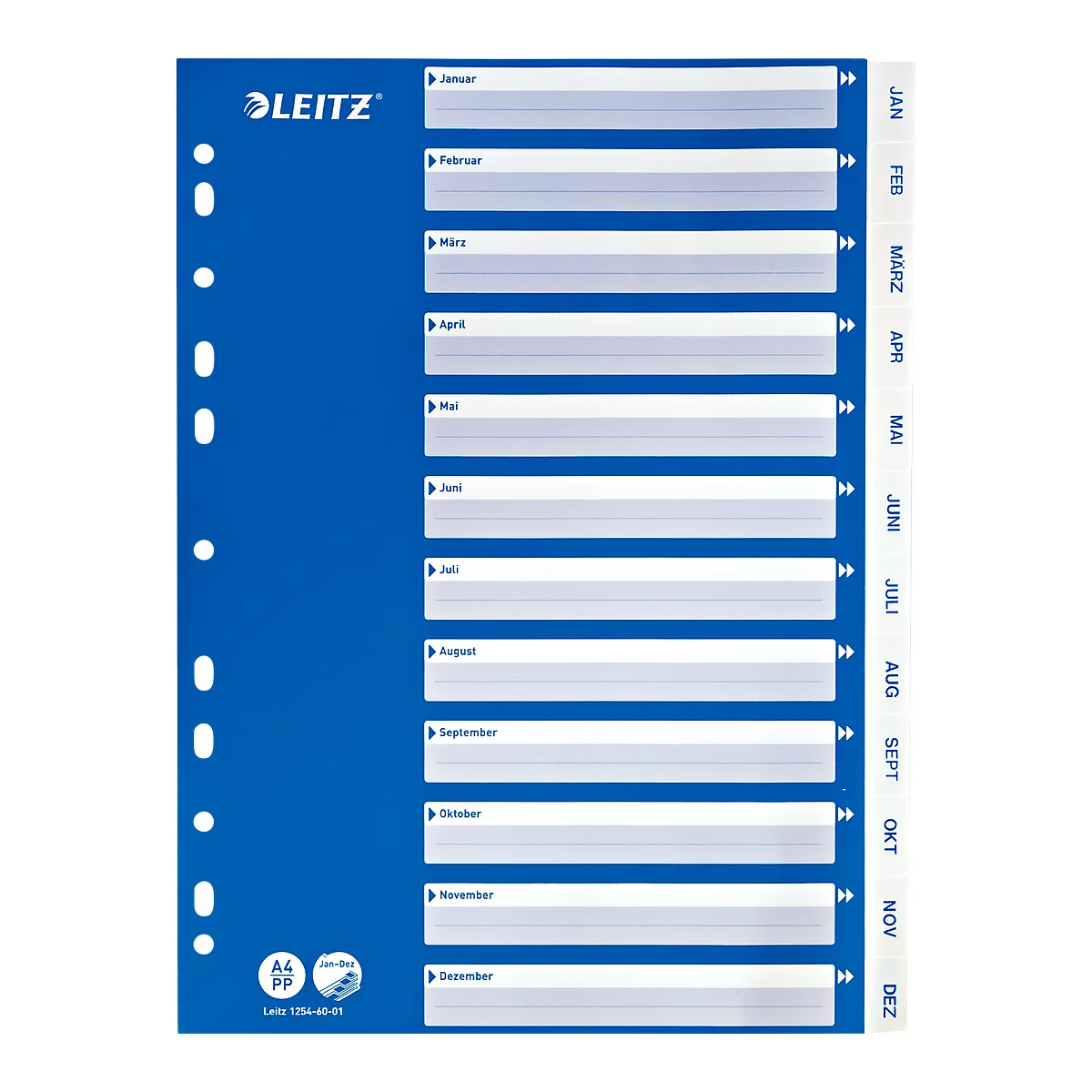 Blue Leitz A4 PP sheet with monthly labels: January to December.