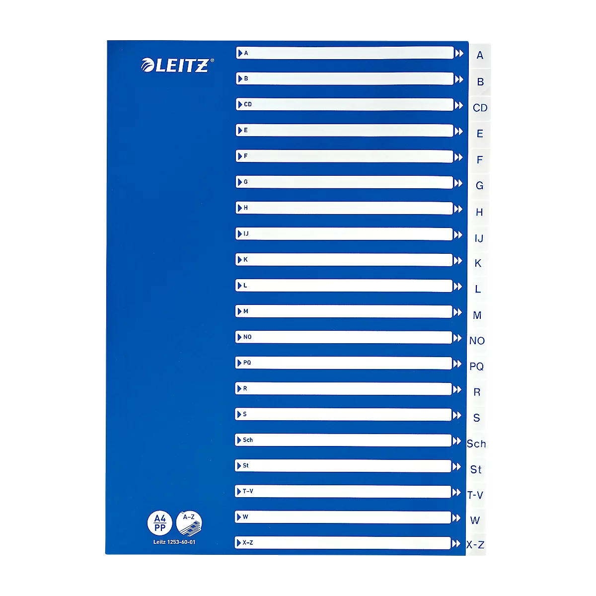 Blue Leitz index with letters A-Z. Leitz logo and product information on the left. Division by white stripes with letters.
