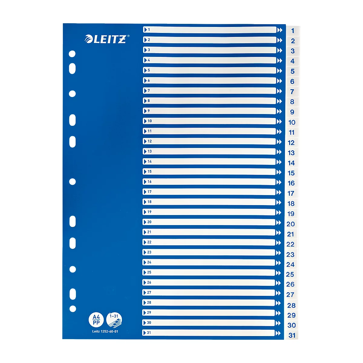 A blue index sheet with white horizontal lines and numbers from 1 to 31. The LEITZ logo is at the top left.