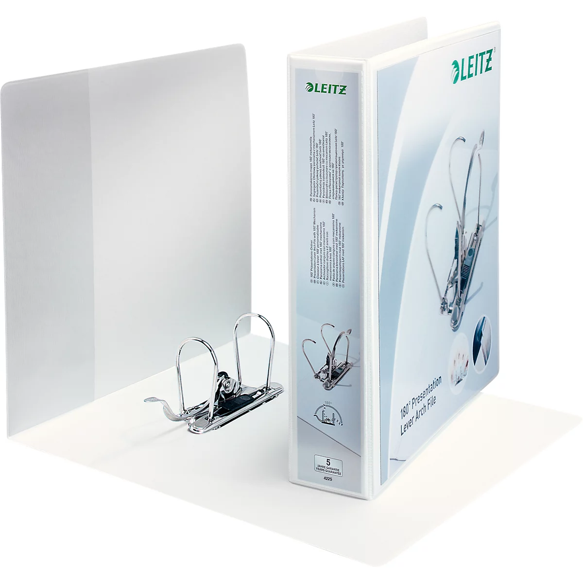 White Leitz binder with open inner side and silver mechanism. Information and the logo are printed on the outside.