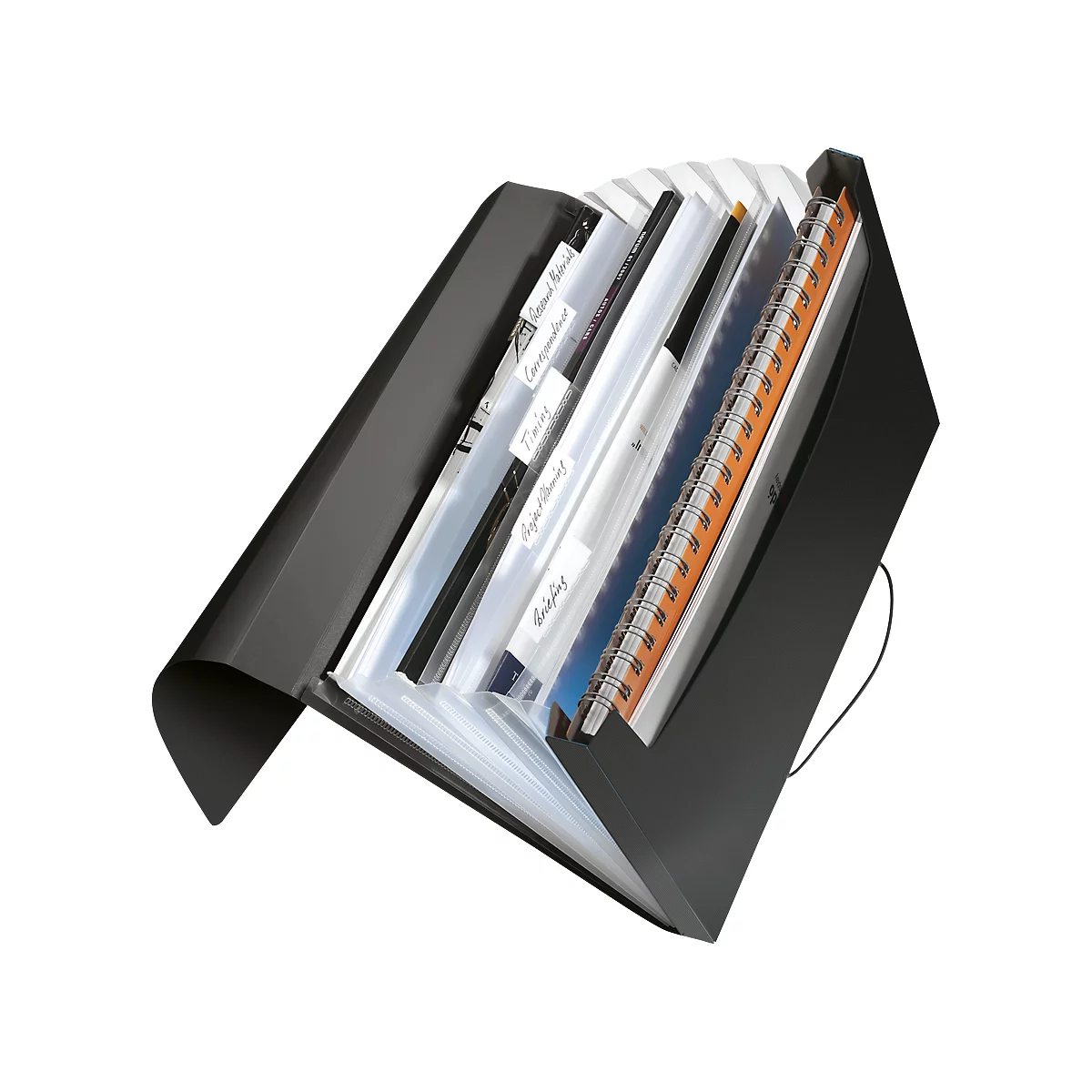 Black expanding file folder with multiple compartments and labeled dividers.