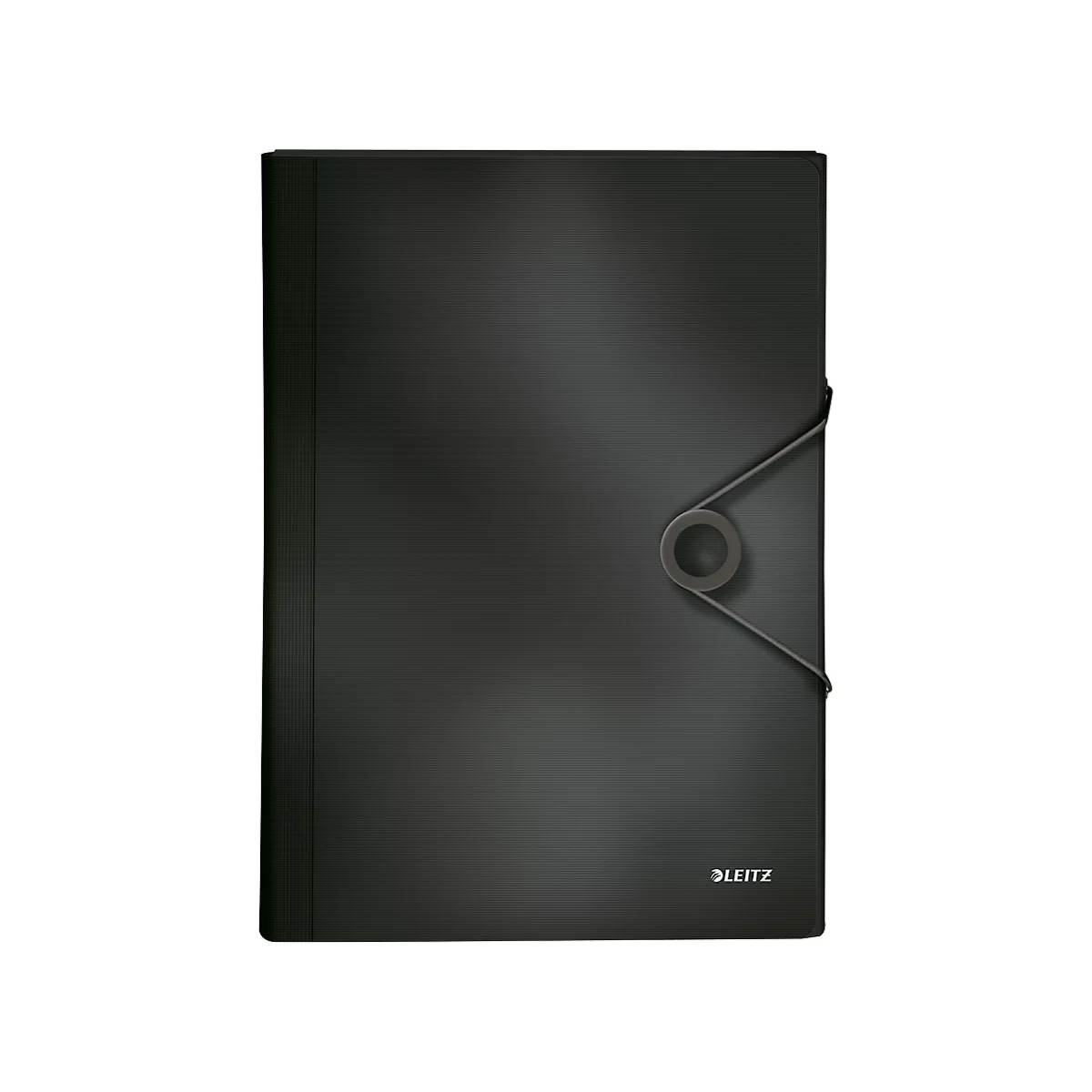 Black folder with elastic band closure. The lettering 'LEITZ' is on the bottom right.
