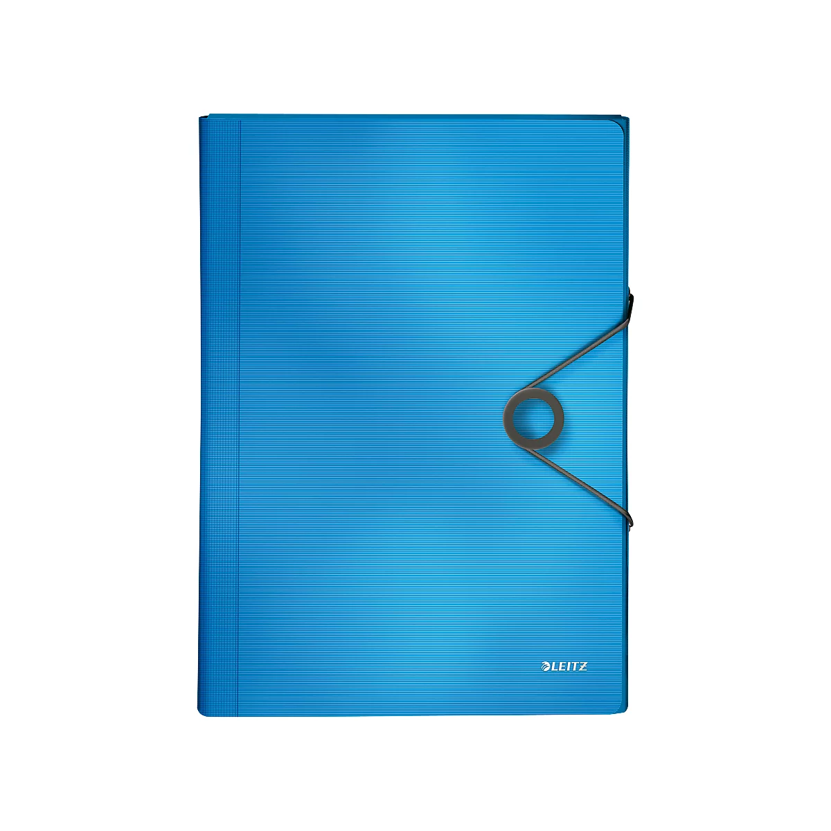 Blue file folder with elastic band closure and manufacturer logo.