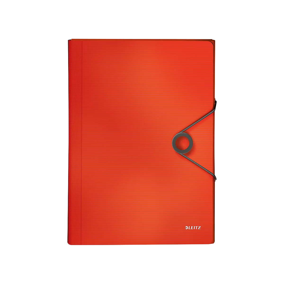 Red Leitz folder. A black rubber band closes the document.