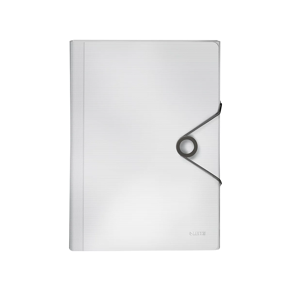 A white clipboard with a black rubber band loop and a round closure.