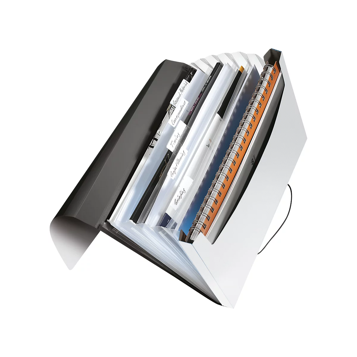 Open white file folder with black edges, filled with documents and a spiral notebook.