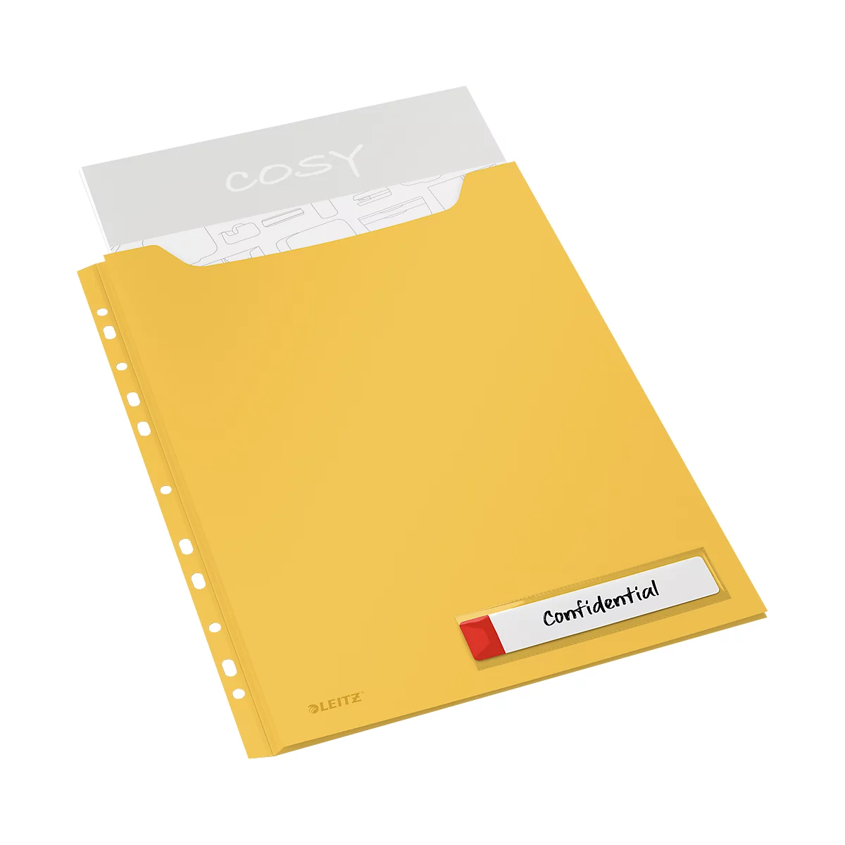 Gelbe Dokumententasche mit eingelegtem Blatt, auf dem "COSY" steht. Aufkleber mit "Confidential".