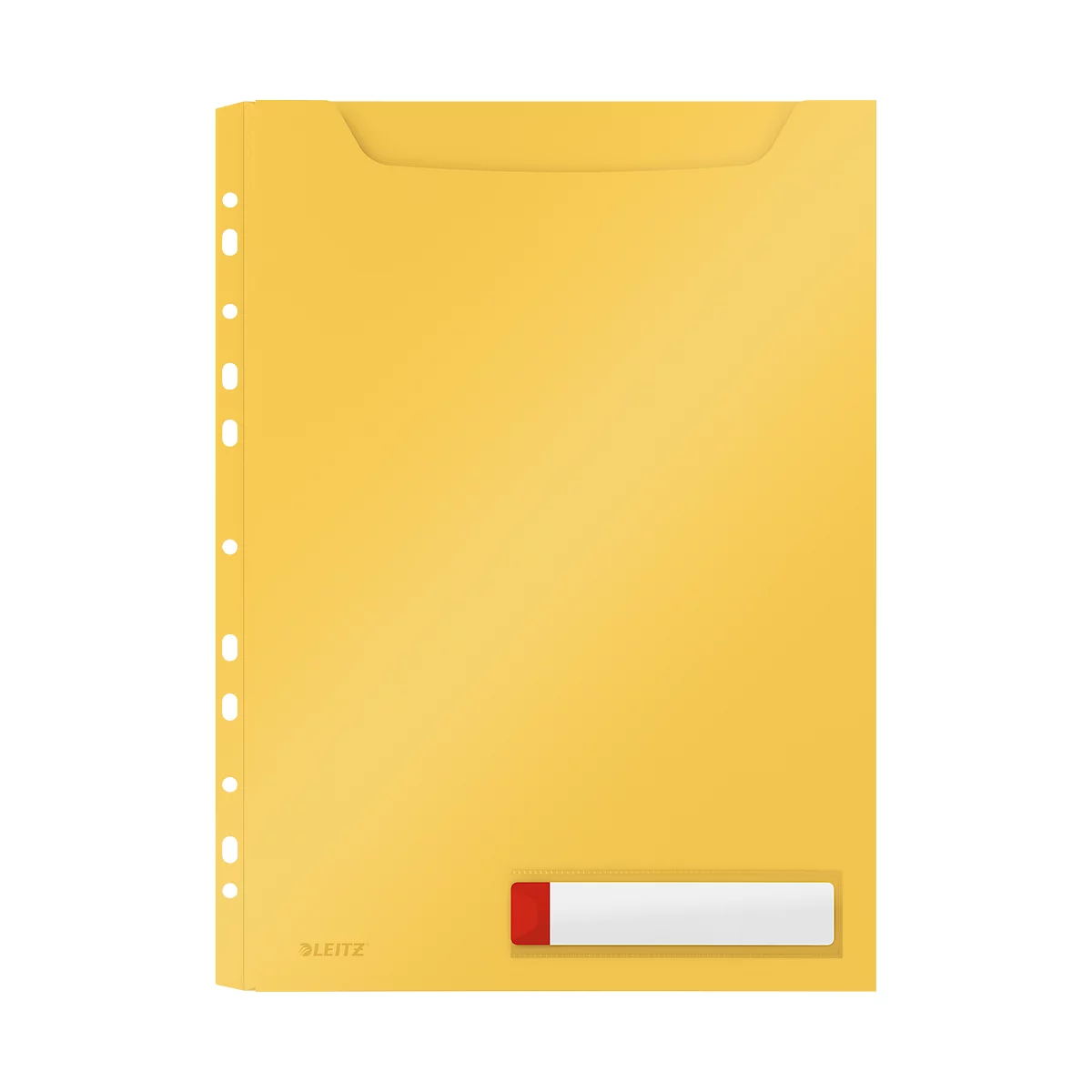 Gelbe, gelochte Klarsichthülle mit rotem Label. Oben mit einer Aussparung.