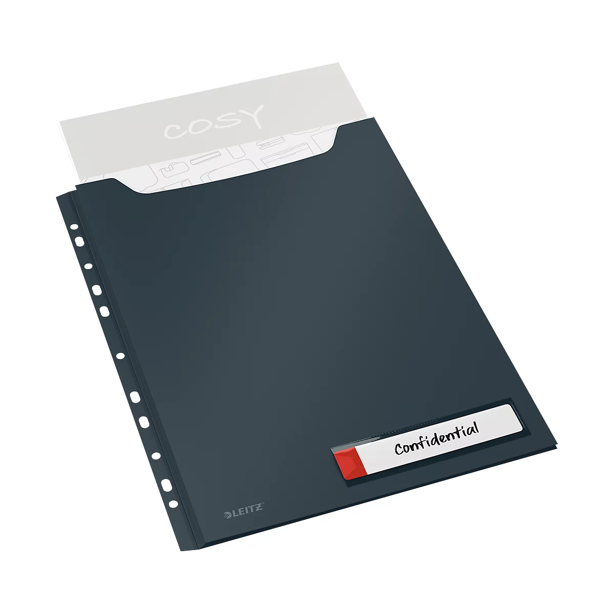 Dunkelblauer Prospekthalter mit gelochtem Rand, in dem sich ein Dokument mit dem Wort "Cosy" befindet. Ein Aufkleber mit dem Wort "Confidential" ist auf dem Halter angebracht.