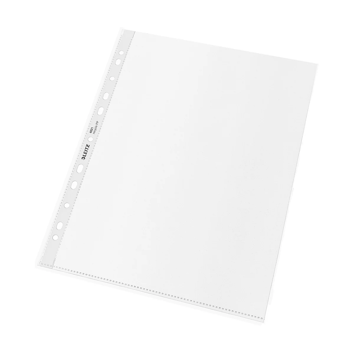 Transparente Klarsichthülle mit Lochrand. Der Lochrand trägt den Markennamen "LEITZ".