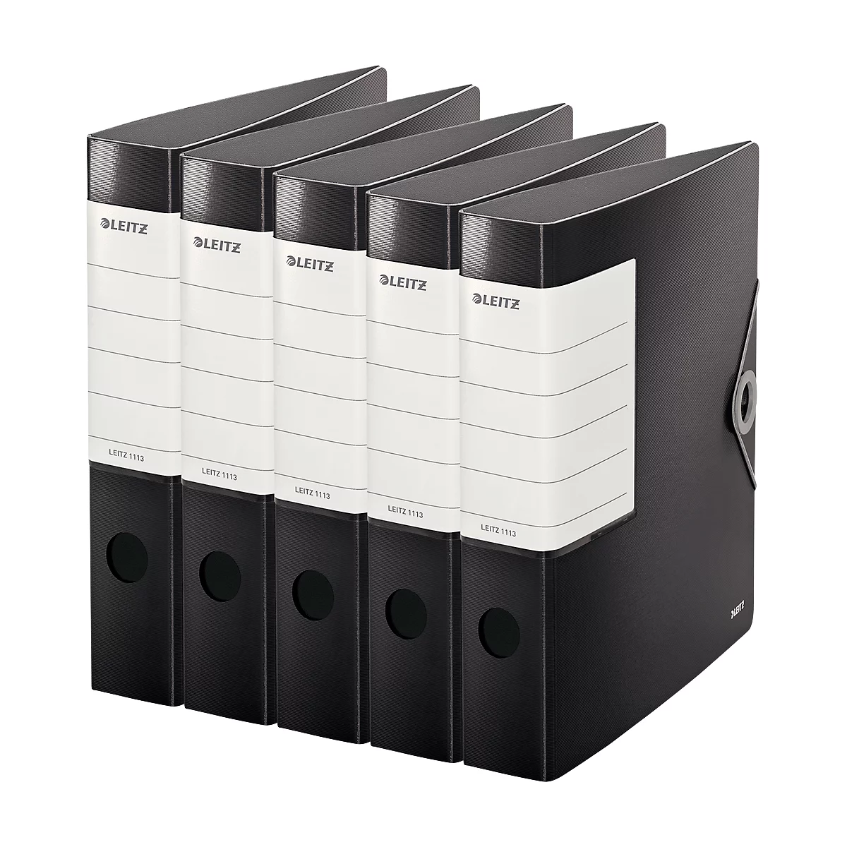 Five black file folders stand side by side. White labels with the Leitz logo are attached to the spines.